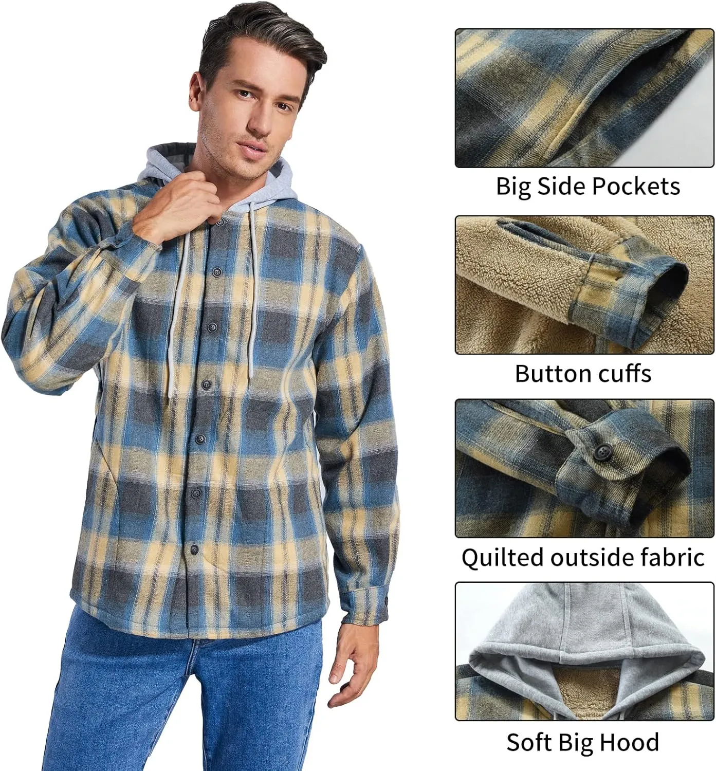Men's Cotton Plaid Shirts Jacket Fleece Lined Flannel Shirts Sherpa Button Down Jackets with Hood for Men