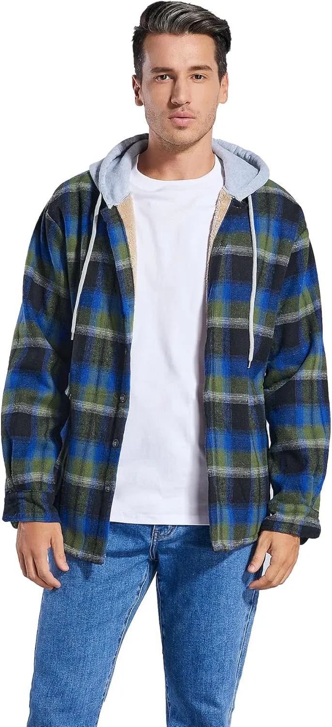 Men's Cotton Plaid Shirts Jacket Fleece Lined Flannel Shirts Sherpa Button Down Jackets with Hood for Men