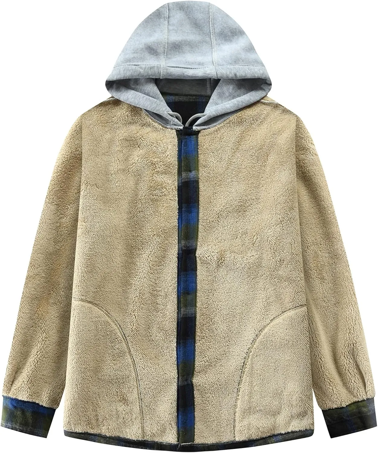 Men's Cotton Plaid Shirts Jacket Fleece Lined Flannel Shirts Sherpa Button Down Jackets with Hood for Men