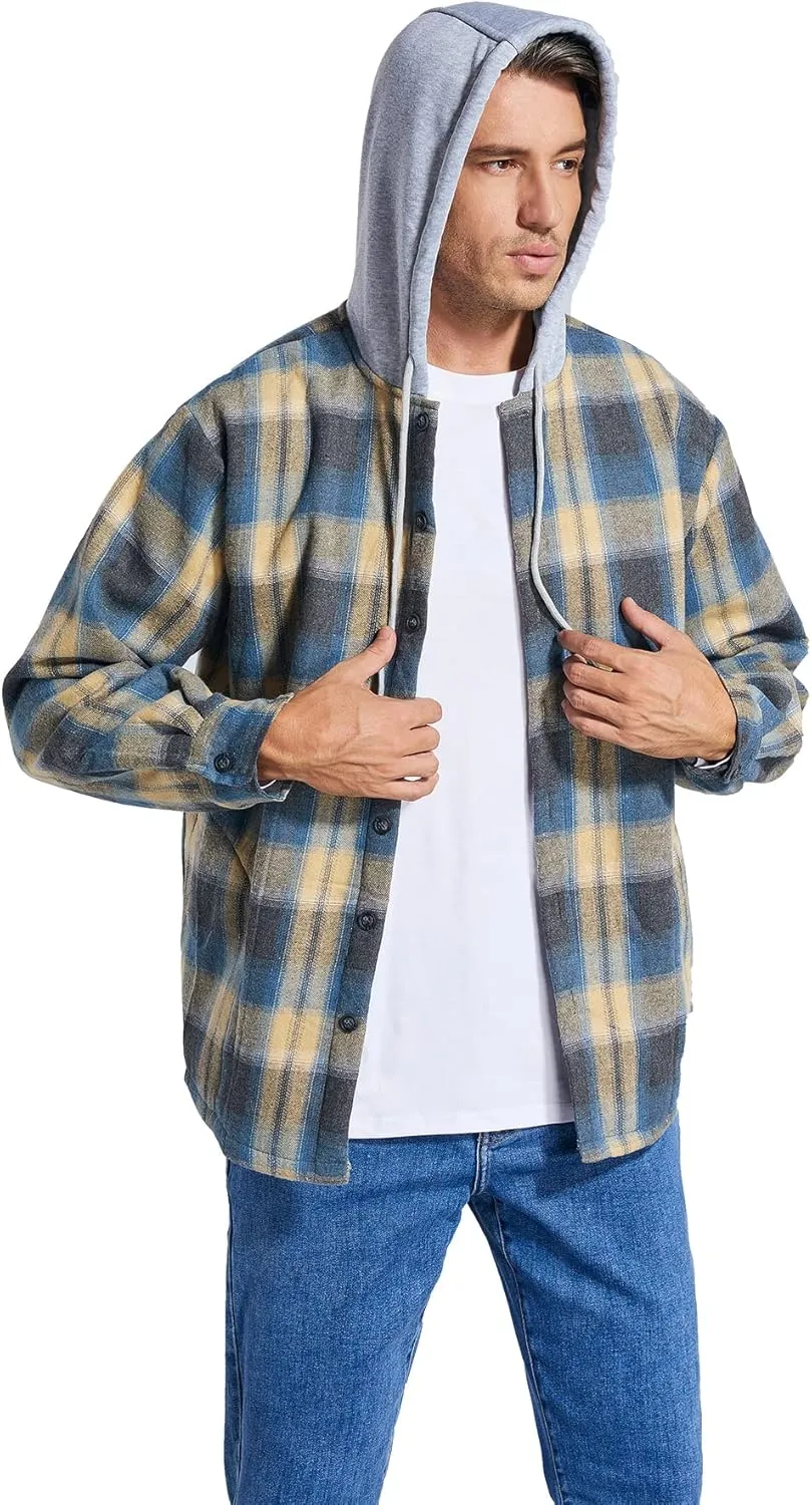 Men's Cotton Plaid Shirts Jacket Fleece Lined Flannel Shirts Sherpa Button Down Jackets with Hood for Men