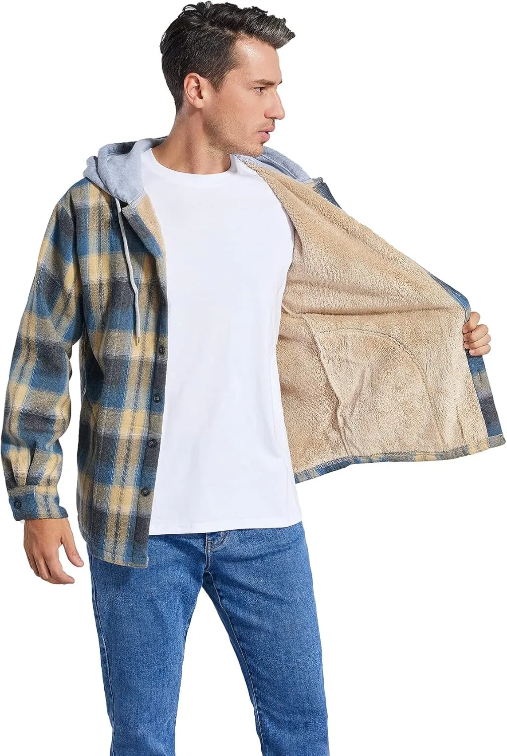 Men's Cotton Plaid Shirts Jacket Fleece Lined Flannel Shirts Sherpa Button Down Jackets with Hood for Men