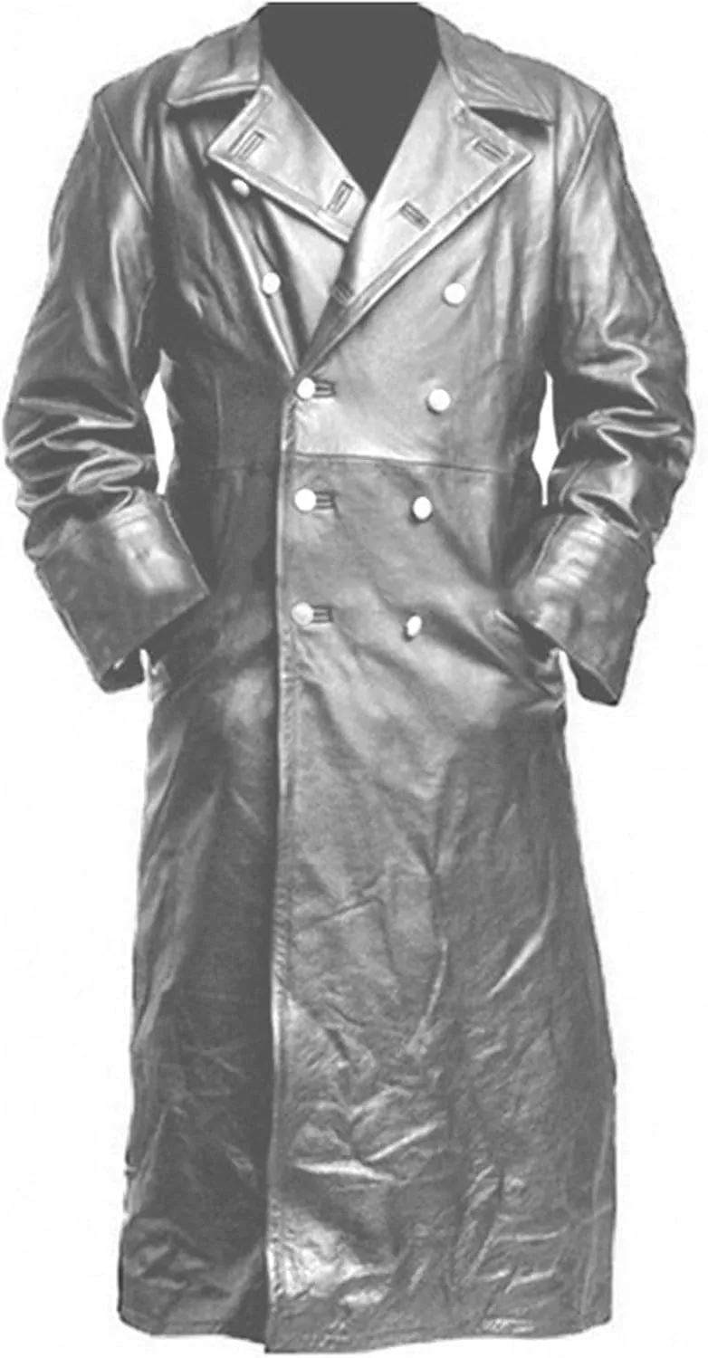 Mens Double Breasted Faux Leather Trench Coat Vintage Steampunk Overcoat German Windbreaker Long Winter Jackets