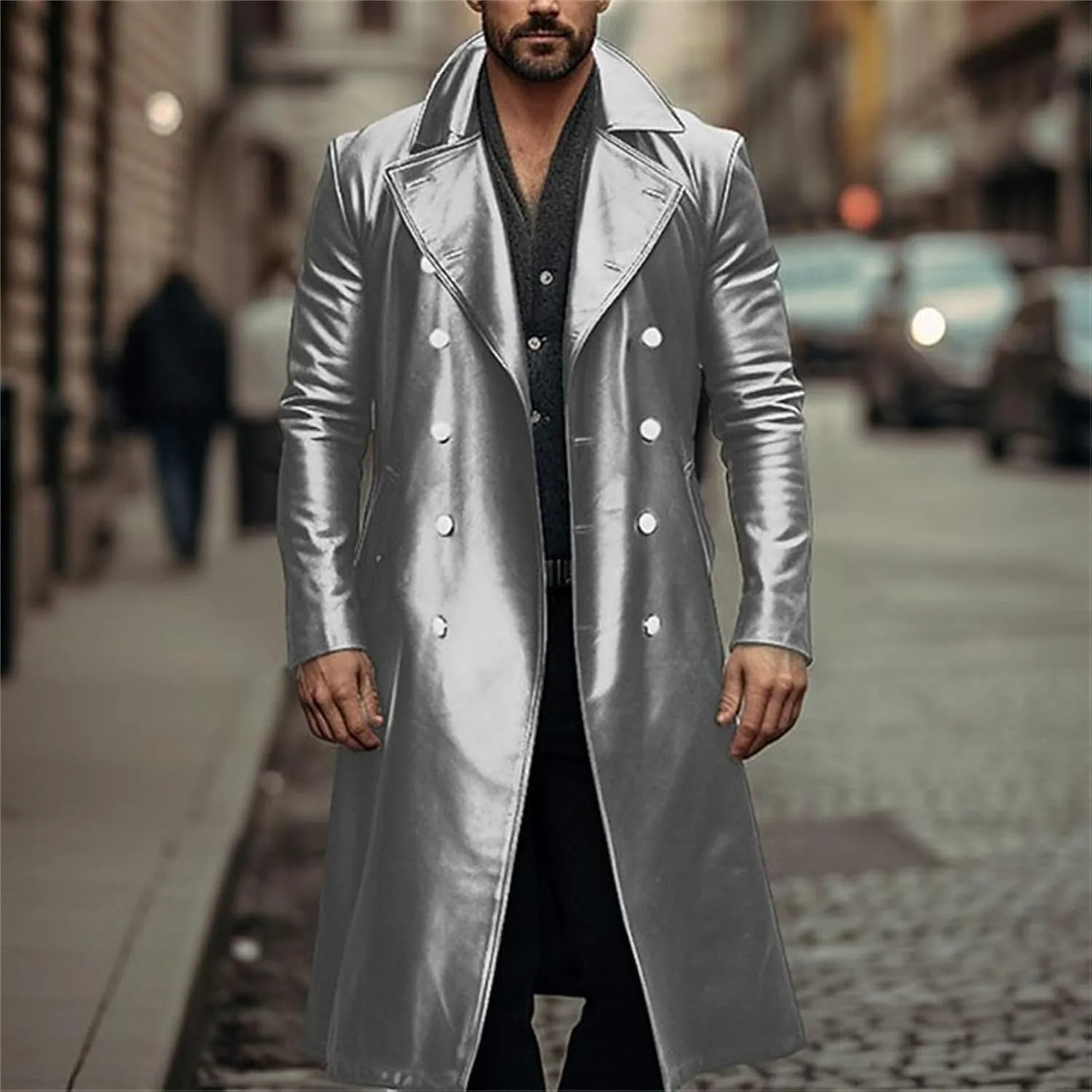 Mens Double Breasted Faux Leather Trench Coat Vintage Steampunk Overcoat German Windbreaker Long Winter Jackets