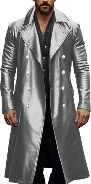 Mens Double Breasted Faux Leather Trench Coat Vintage Steampunk Overcoat German Windbreaker Long Winter Jackets