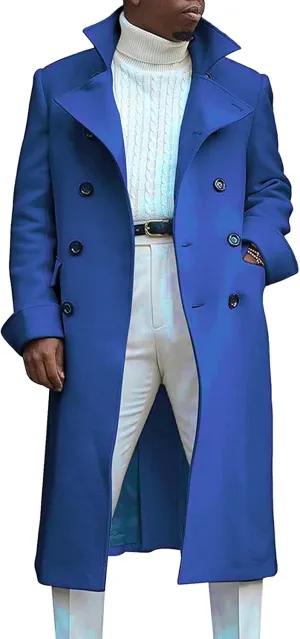 Men's Double Breasted Long Trench Coat Winter Notch Lapel Windbreaker Overcoat Casual Slim Business Pea Jacket