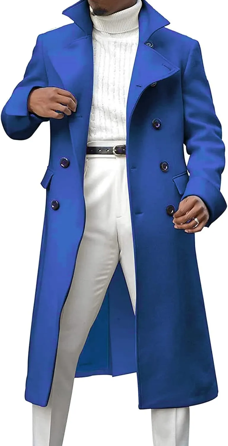 Men's Double Breasted Long Trench Coat Winter Notch Lapel Windbreaker Overcoat Casual Slim Business Pea Jacket