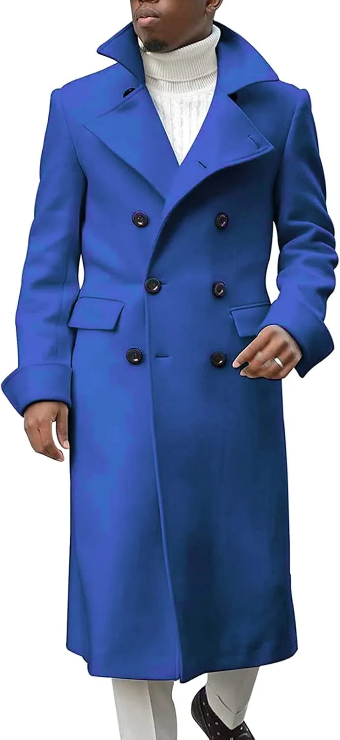 Men's Double Breasted Long Trench Coat Winter Notch Lapel Windbreaker Overcoat Casual Slim Business Pea Jacket