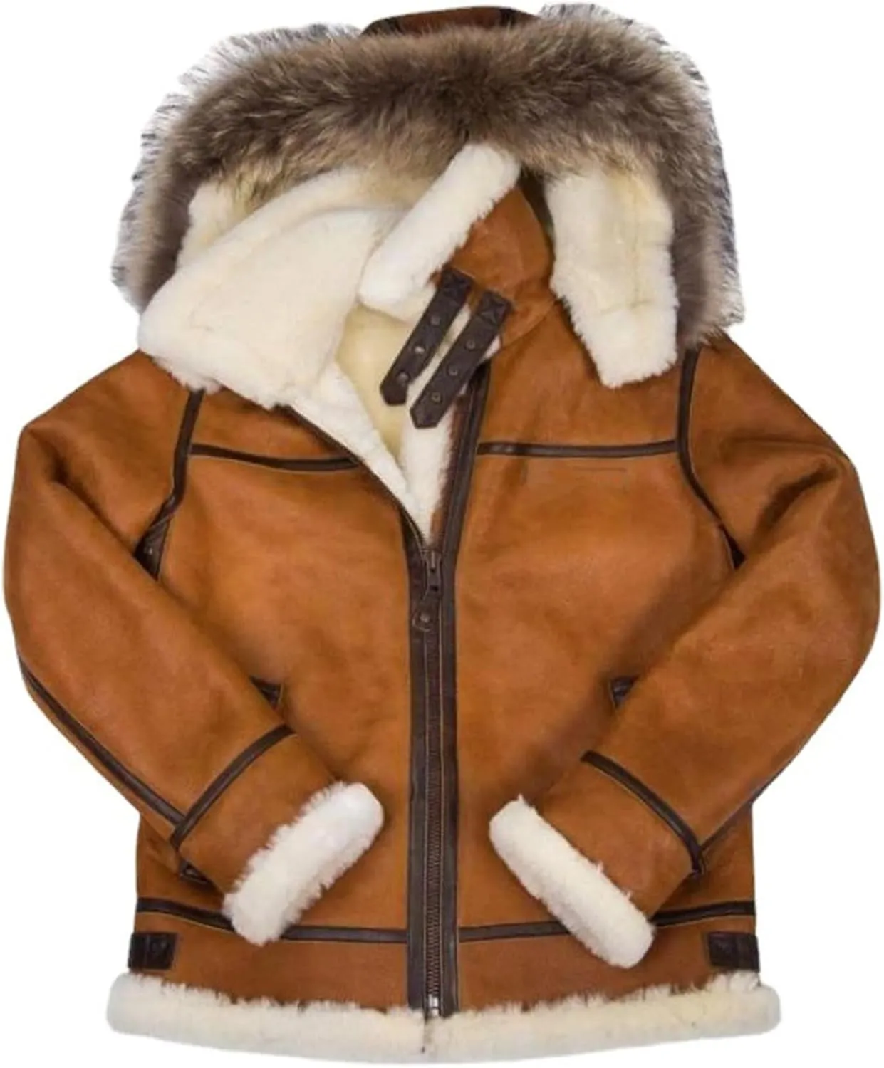 Mens Faux Suede Shearling Leather Coat Zipper Fur Hooded Sherpa Lined Brown Winter Thicken Warm Jacket Outwear Pocket