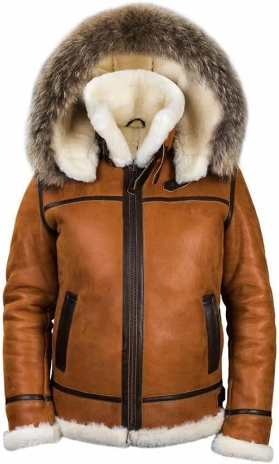 Mens Faux Suede Shearling Leather Coat Zipper Fur Hooded Sherpa Lined Brown Winter Thicken Warm Jacket Outwear Pocket