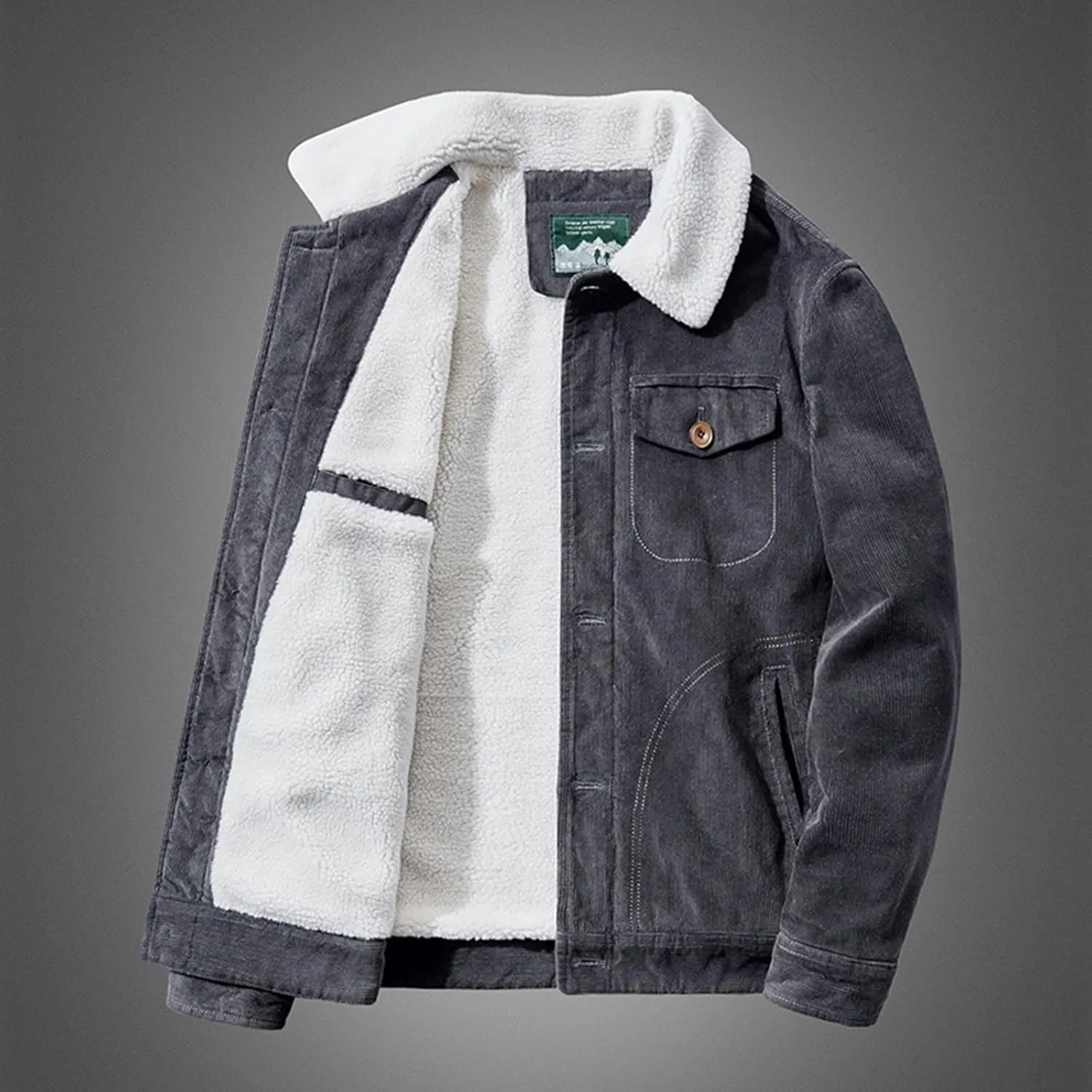 Men's Fleece Heated Jacket Thermal Sherpa Lined Padded Winter Coat Button Lapel Long Sleeve Thicken Warm Outerwear