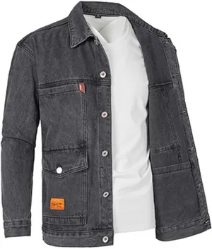 Men's Jean Jacket - Lapel Collar Button Down Multi-Pocket Washed Distressed Denim Trucker Coat - Motorcycle Outerwear Rain Jacket - Black