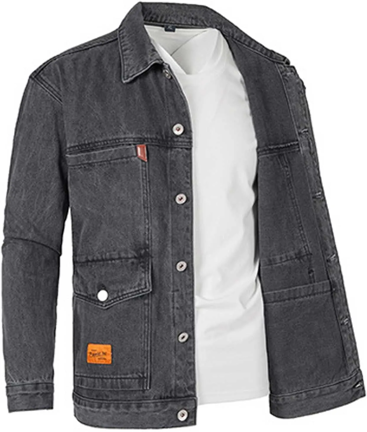 Men's Jean Jacket - Lapel Collar Button Down Multi-Pocket Washed Distressed Denim Trucker Coat - Motorcycle Outerwear Rain Jacket - Black