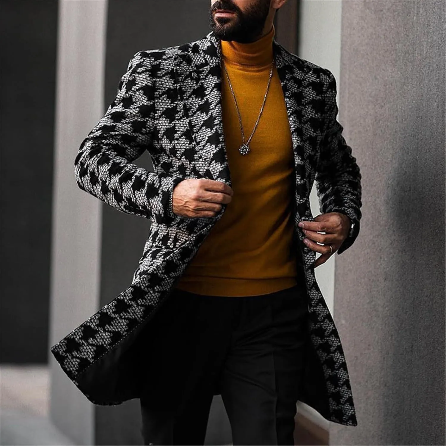 Men's Long Suit Jacket Houndstooth Trench Coat Double Breasted Notched Collar Winter Overcoat Casual Pea Coats