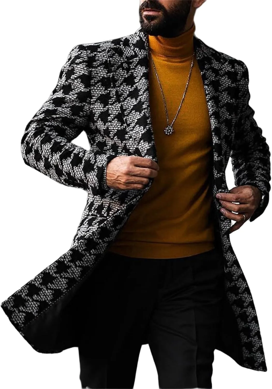Men's Long Suit Jacket Houndstooth Trench Coat Double Breasted Notched Collar Winter Overcoat Casual Pea Coats