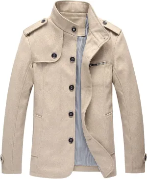 Men's Pea Coats Stand Collar Single-Breasted Trench Jackets Fall Winter Zipper Pocket Work Dress Overcoat Plus Size