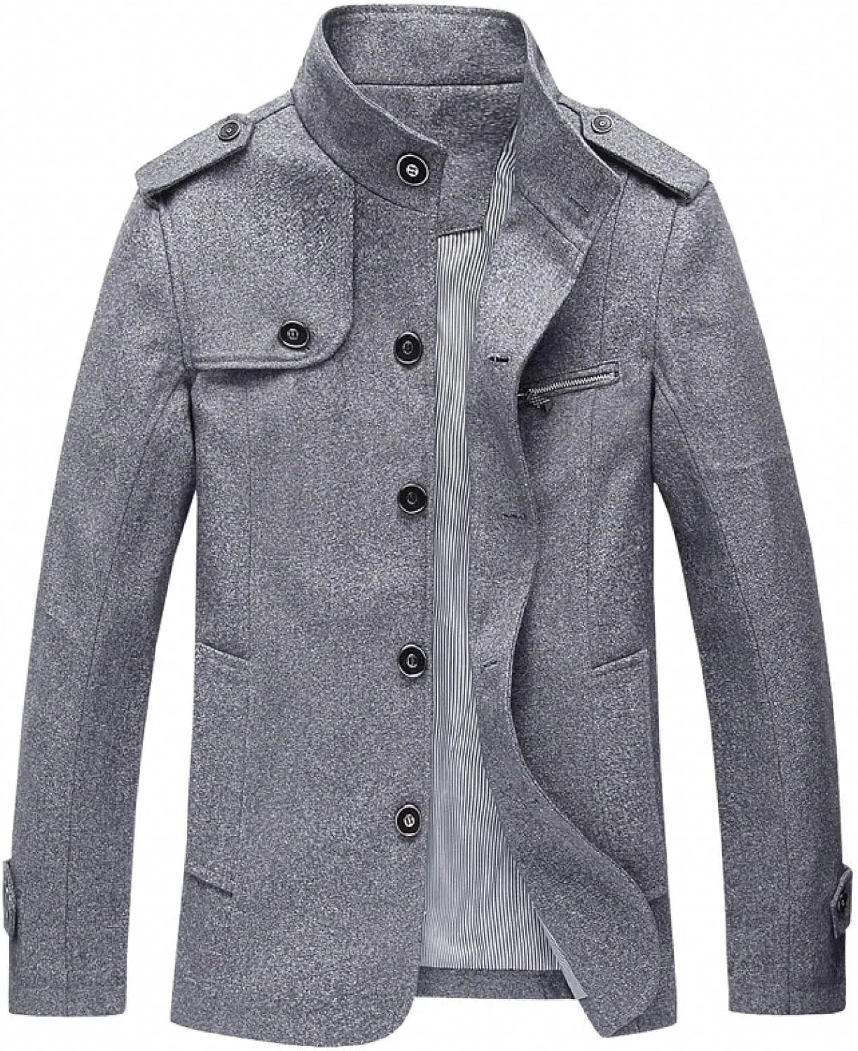 Men's Pea Coats Stand Collar Single-Breasted Trench Jackets Fall Winter Zipper Pocket Work Dress Overcoat Plus Size