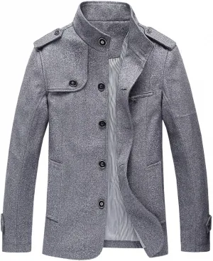 Men's Pea Coats Stand Collar Single-Breasted Trench Jackets Fall Winter Zipper Pocket Work Dress Overcoat Plus Size