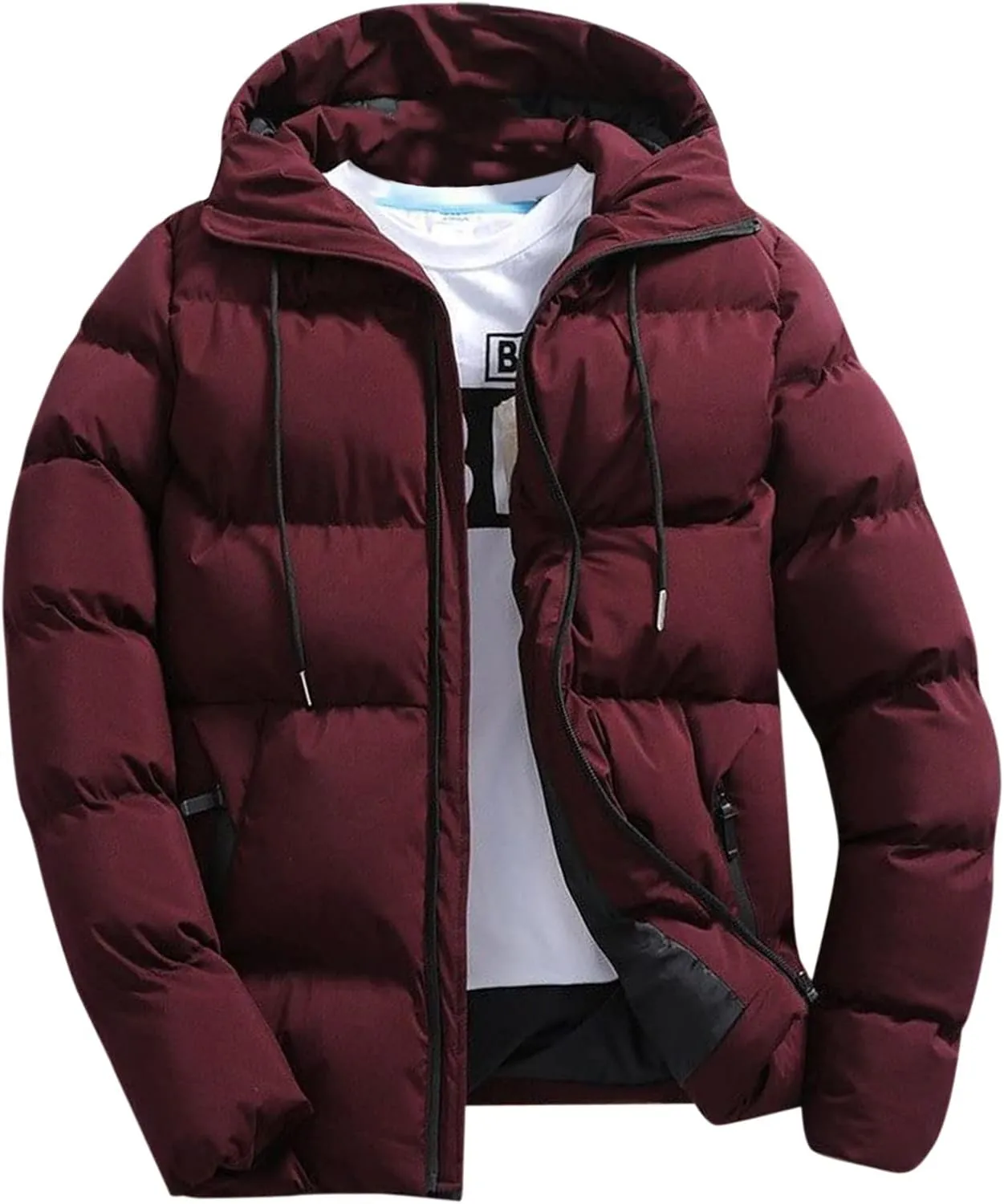 Mens Puffer Jacket Plus Size Winter Warm Thickened Hooded Down Coat with Drawstring Lightweight Packable Hunting Top