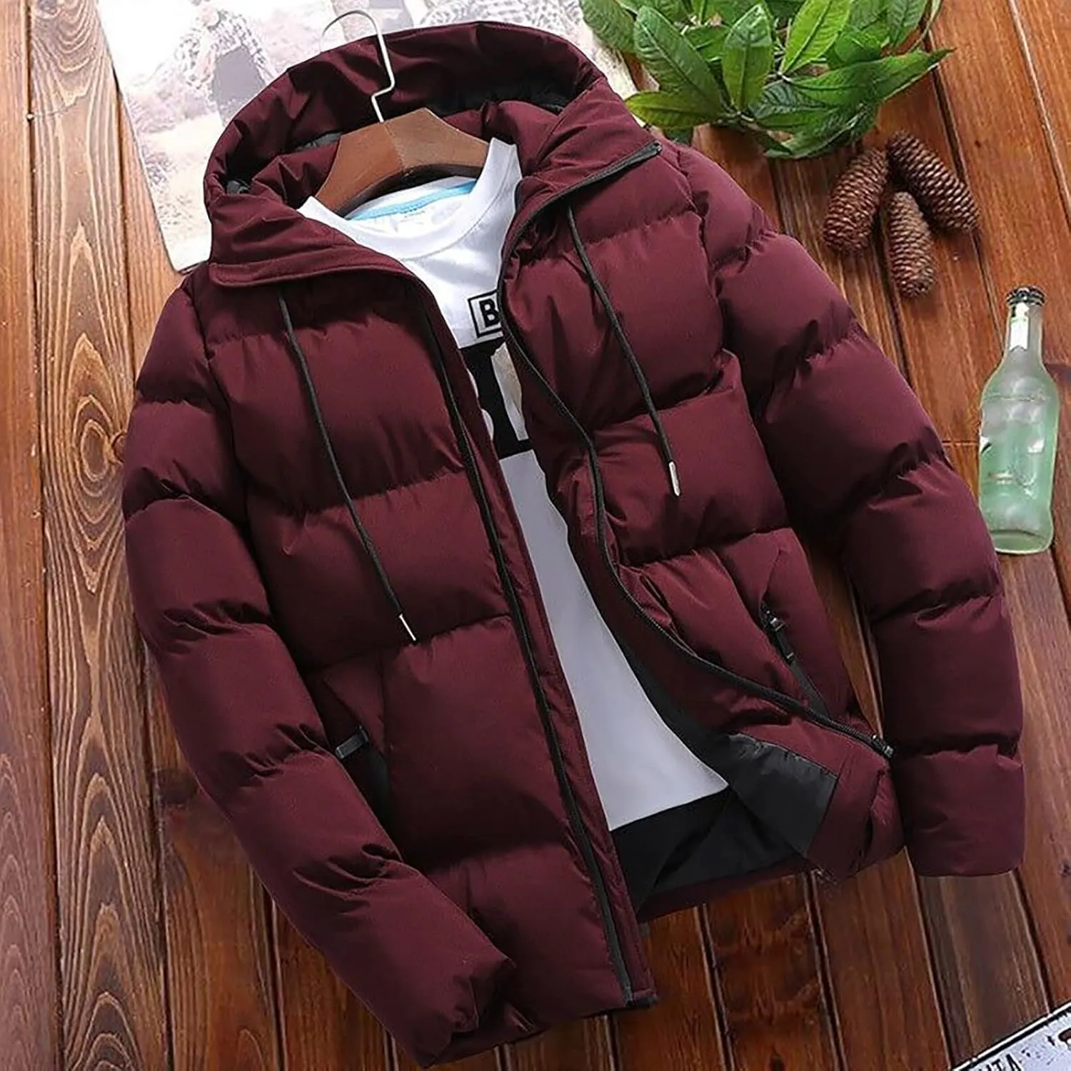 Mens Puffer Jacket Plus Size Winter Warm Thickened Hooded Down Coat with Drawstring Lightweight Packable Hunting Top