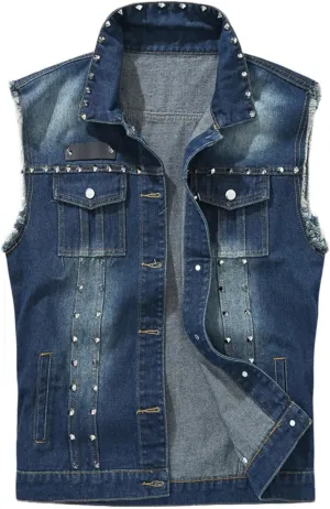 Men's Punk Denim Vest Sleeveless Jean Jackets With Rivets