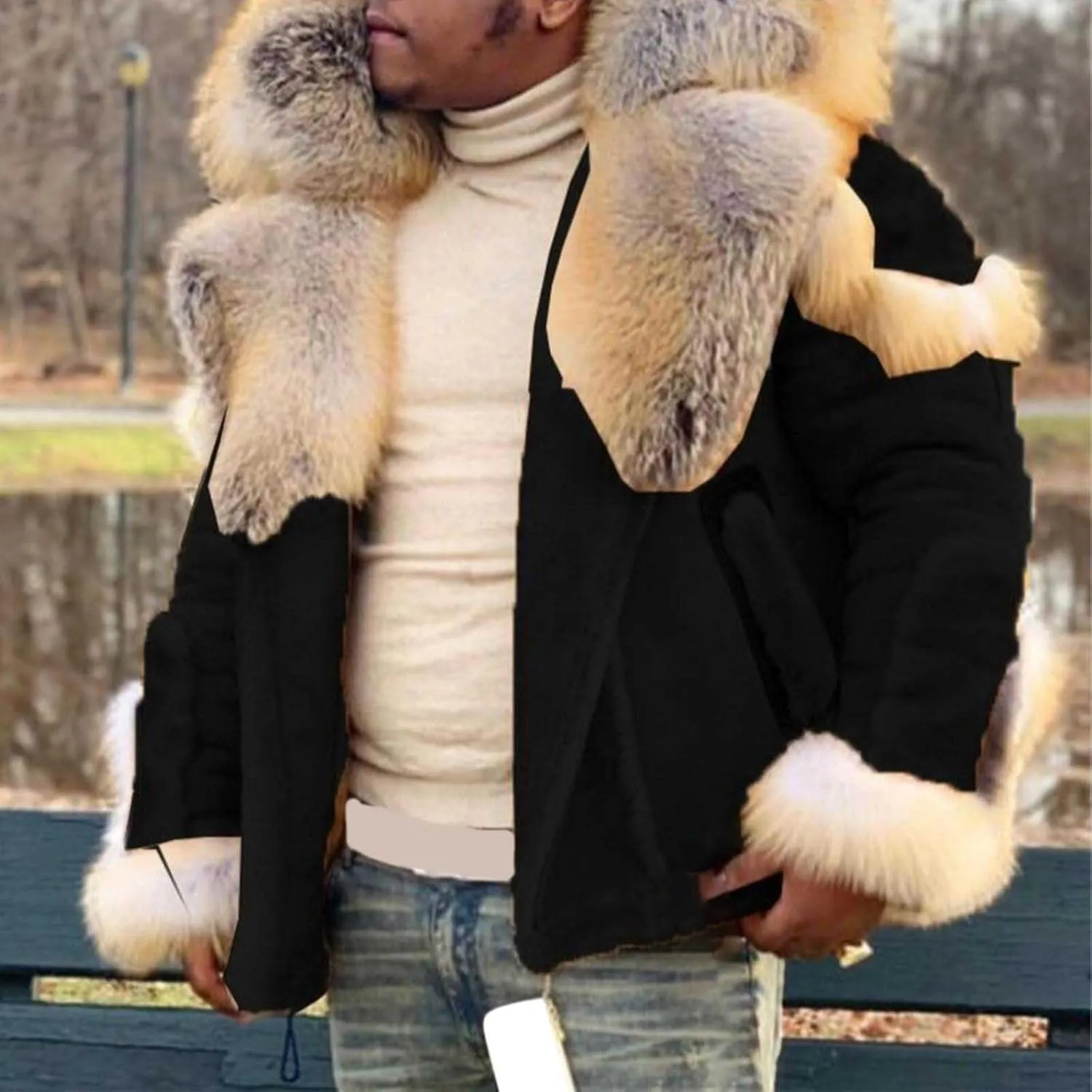 Mens Shearling Leather Coat Thicken Warm Long Sleeve Faux Fur Collar Sherpa Coats Big and Tall Parka Jackets