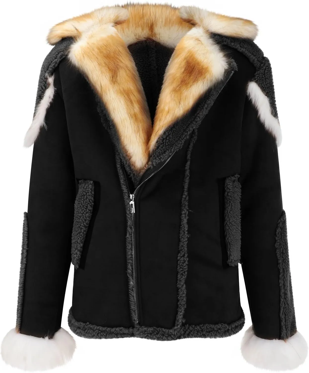 Mens Shearling Leather Coat Thicken Warm Long Sleeve Faux Fur Collar Sherpa Coats Big and Tall Parka Jackets