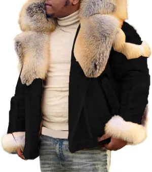 Mens Shearling Leather Coat Thicken Warm Long Sleeve Faux Fur Collar Sherpa Coats Big and Tall Parka Jackets