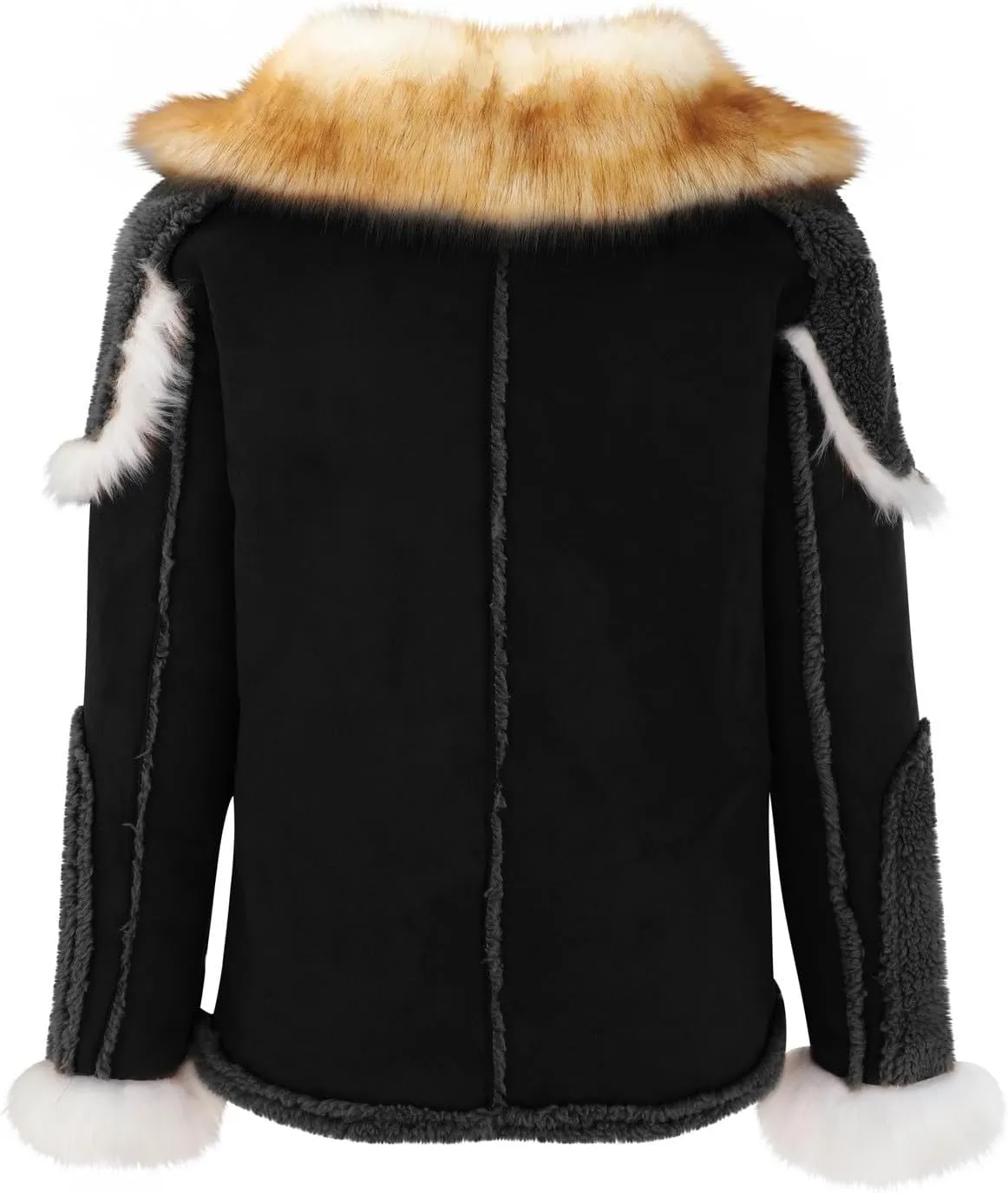 Mens Shearling Leather Coat Thicken Warm Long Sleeve Faux Fur Collar Sherpa Coats Big and Tall Parka Jackets