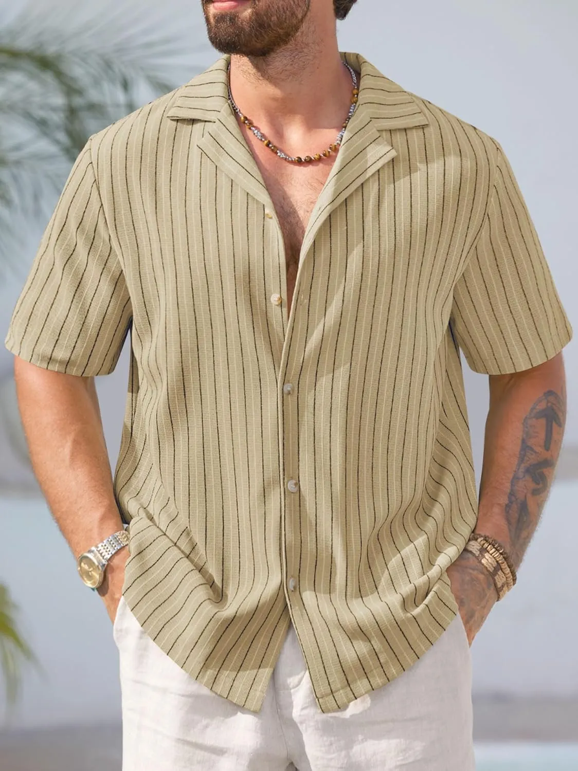 Mens Summer Striped Shirts Casual Cuban Shirt Texture Button Down Shirts for Beach Vacation (S-XXL)