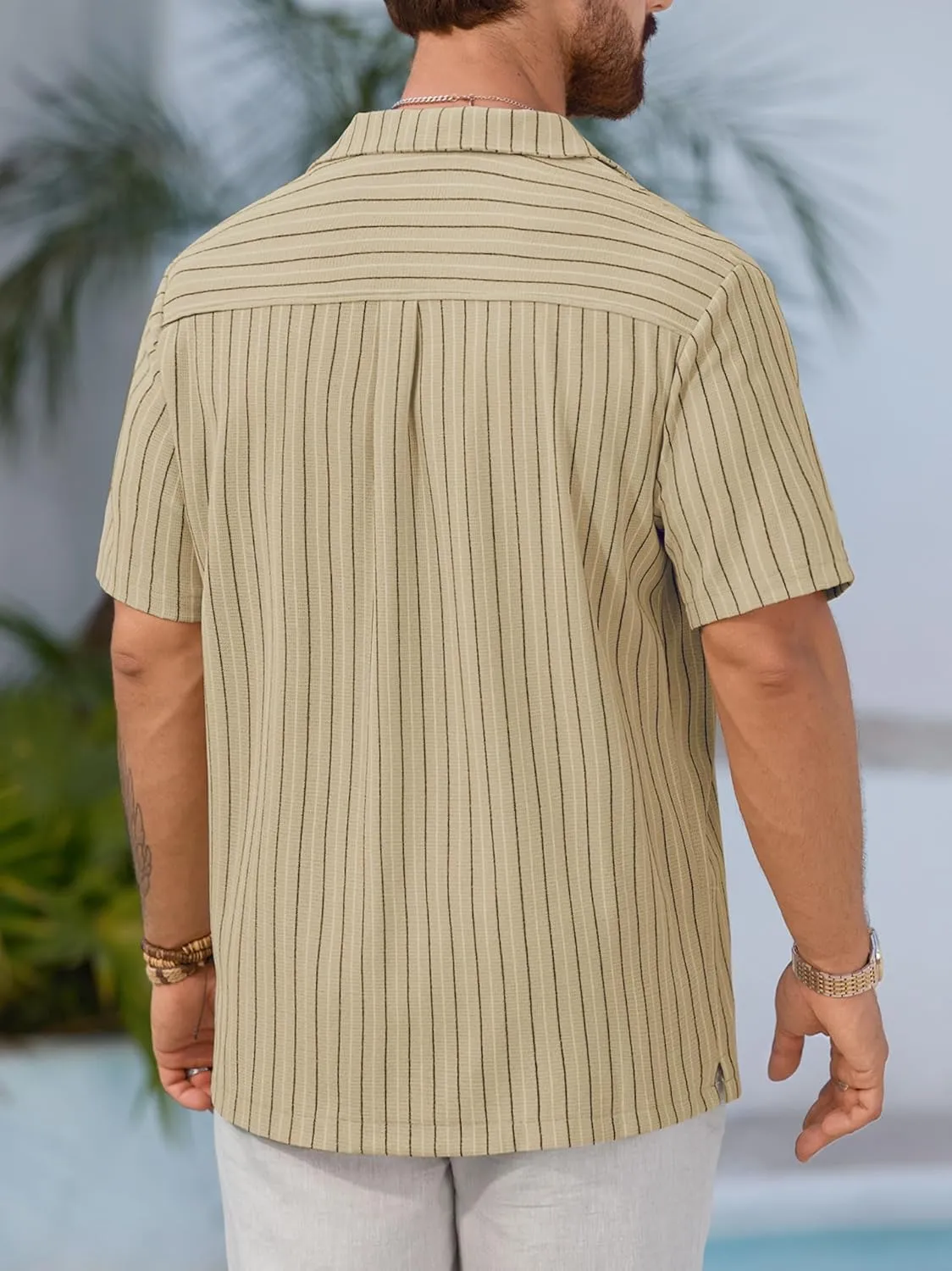 Mens Summer Striped Shirts Casual Cuban Shirt Texture Button Down Shirts for Beach Vacation (S-XXL)