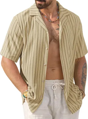Mens Summer Striped Shirts Casual Cuban Shirt Texture Button Down Shirts for Beach Vacation (S-XXL)