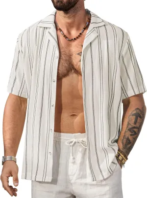 Mens Summer Striped Shirts Casual Cuban Shirt Texture Button Down Shirts for Beach Vacation (S-XXL)