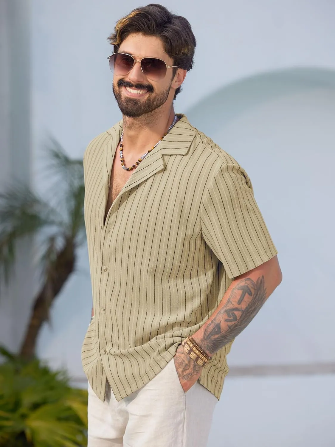 Mens Summer Striped Shirts Casual Cuban Shirt Texture Button Down Shirts for Beach Vacation (S-XXL)
