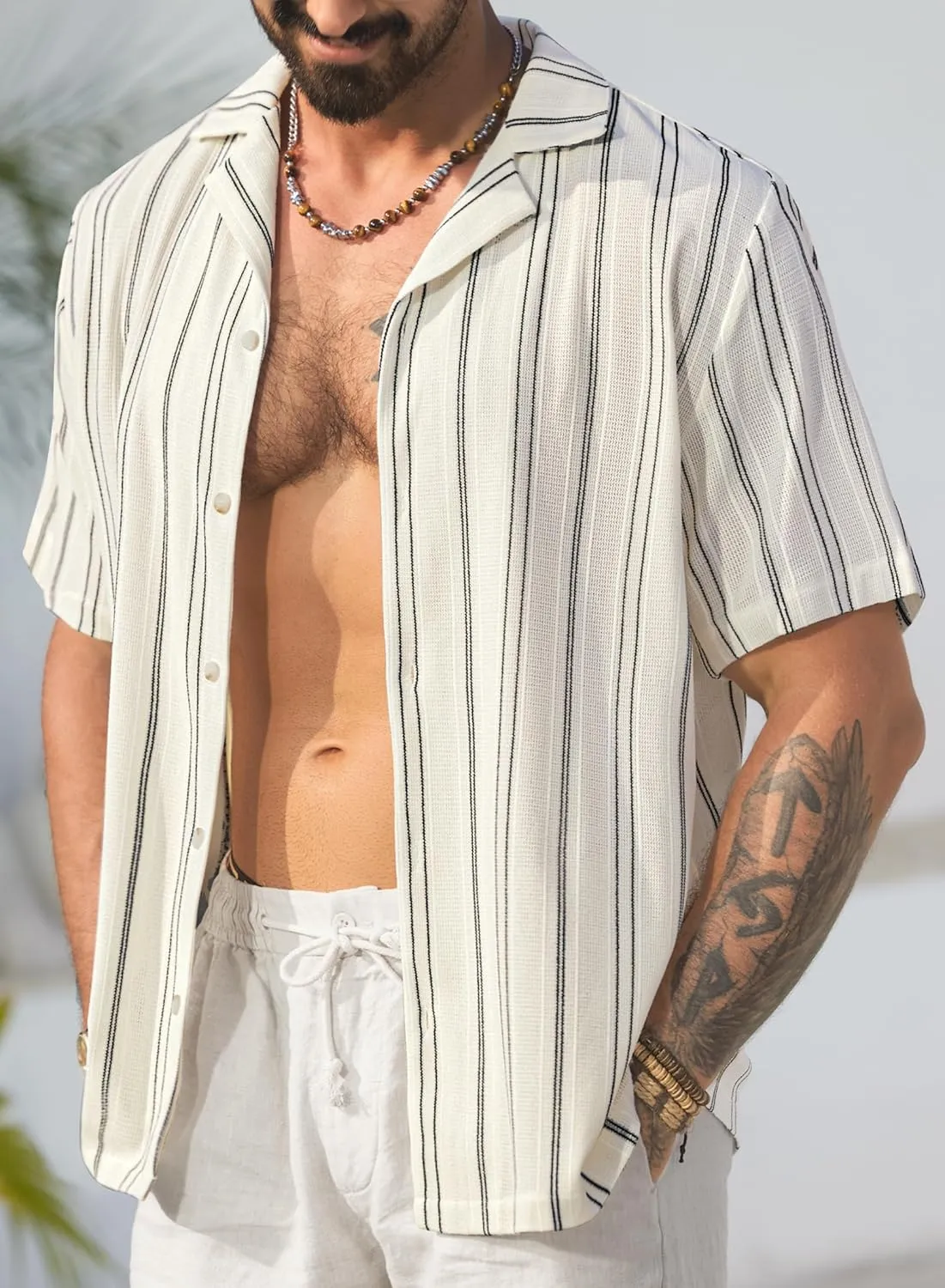 Mens Summer Striped Shirts Casual Cuban Shirt Texture Button Down Shirts for Beach Vacation (S-XXL)