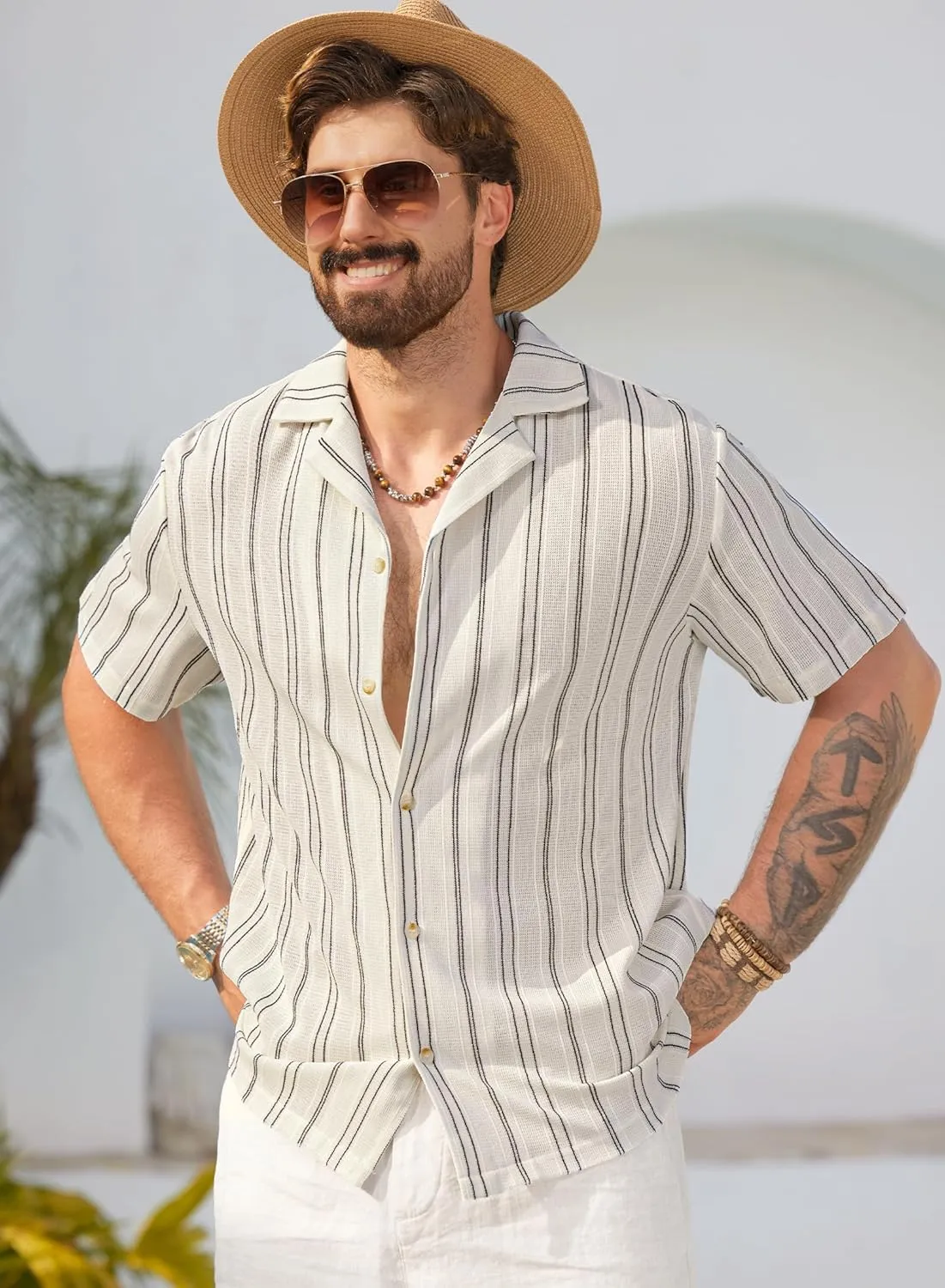 Mens Summer Striped Shirts Casual Cuban Shirt Texture Button Down Shirts for Beach Vacation (S-XXL)