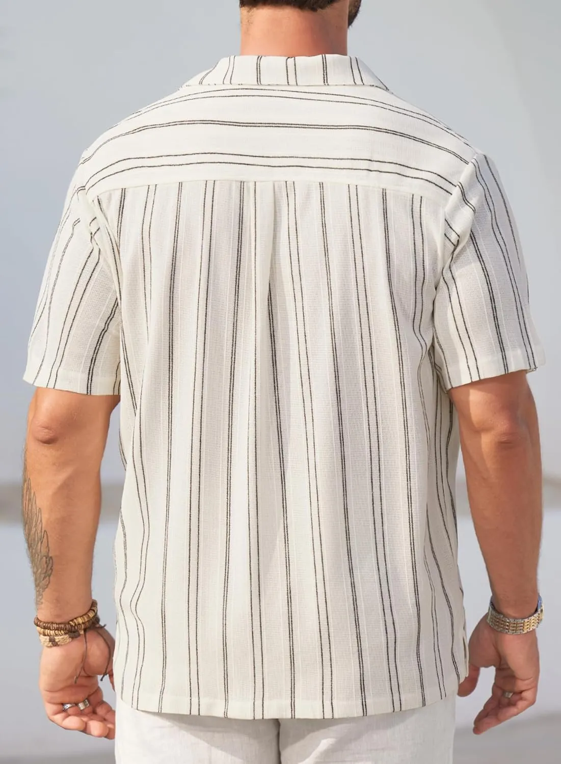 Mens Summer Striped Shirts Casual Cuban Shirt Texture Button Down Shirts for Beach Vacation (S-XXL)