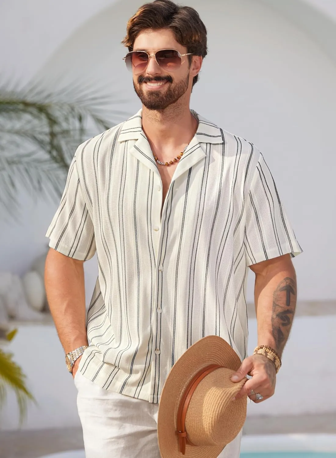Mens Summer Striped Shirts Casual Cuban Shirt Texture Button Down Shirts for Beach Vacation (S-XXL)