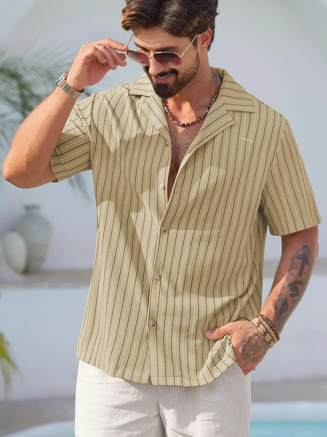 Mens Summer Striped Shirts Casual Cuban Shirt Texture Button Down Shirts for Beach Vacation (S-XXL)