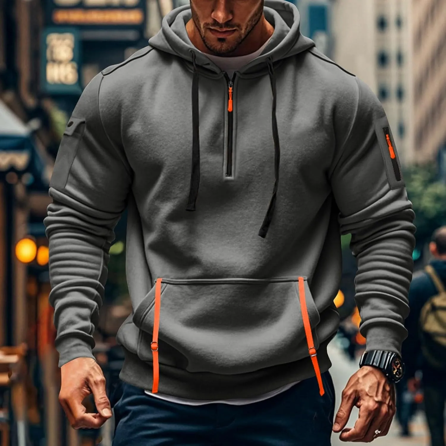 Men's Tactical Hoodies Oversized 1/4 Zip Pullover Sweatshirts with Zipper Arm Pocket Big and Tall Outfits 5XL