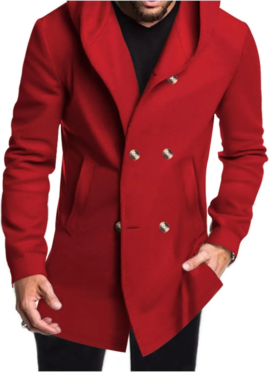 Men's Trench Coat Slim Fit Double Breasted Trench Coats with Hood Button Down Overcoat Warm Dress Pea Coats for Men