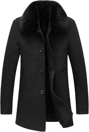 Men's Winter Single Breasted Trench Overcoat Removable Faux Fur Collar Coat Warm Business Long Pea Coat Outwear