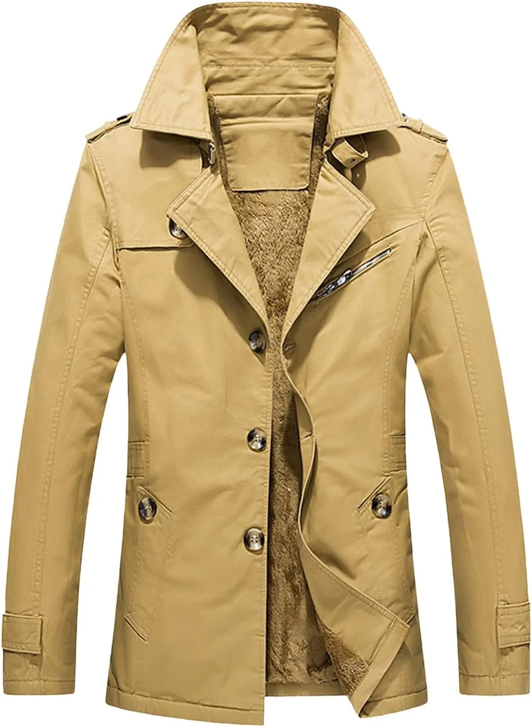 Men's Wool Blend Coats with Zipper, Winter Warm Jacket, Lapel Fleece Work Jacket, Business Windbreaker Pea Coat