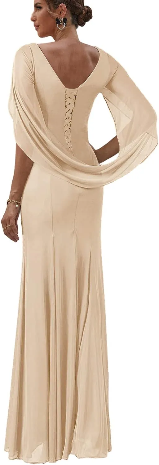 Mermaid Mother of The Bride Dresses with Cape Chiffon Wedding Guest Formal Dress for Women