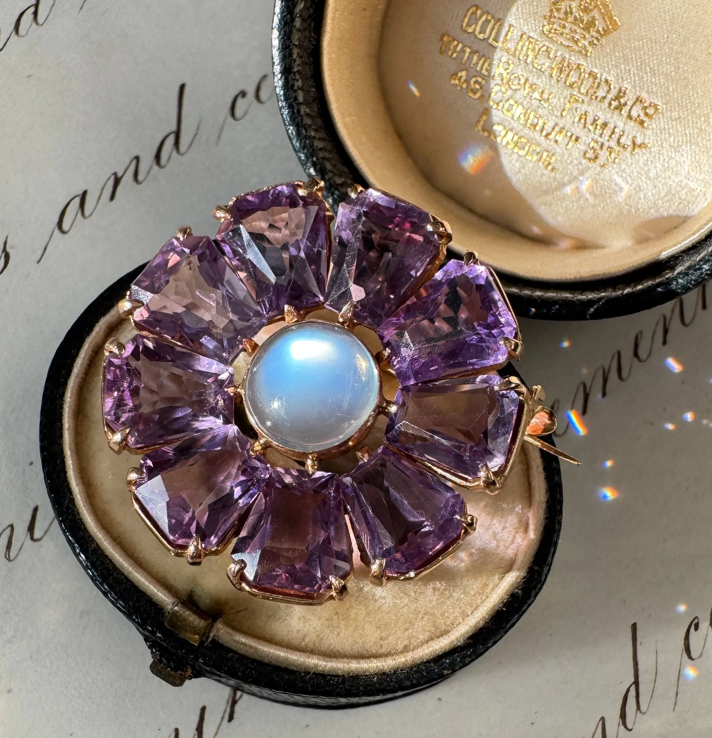 Mid-Century Retro Binder Brothers Blue Flash Moonstone and Amethyst Floral Brooch