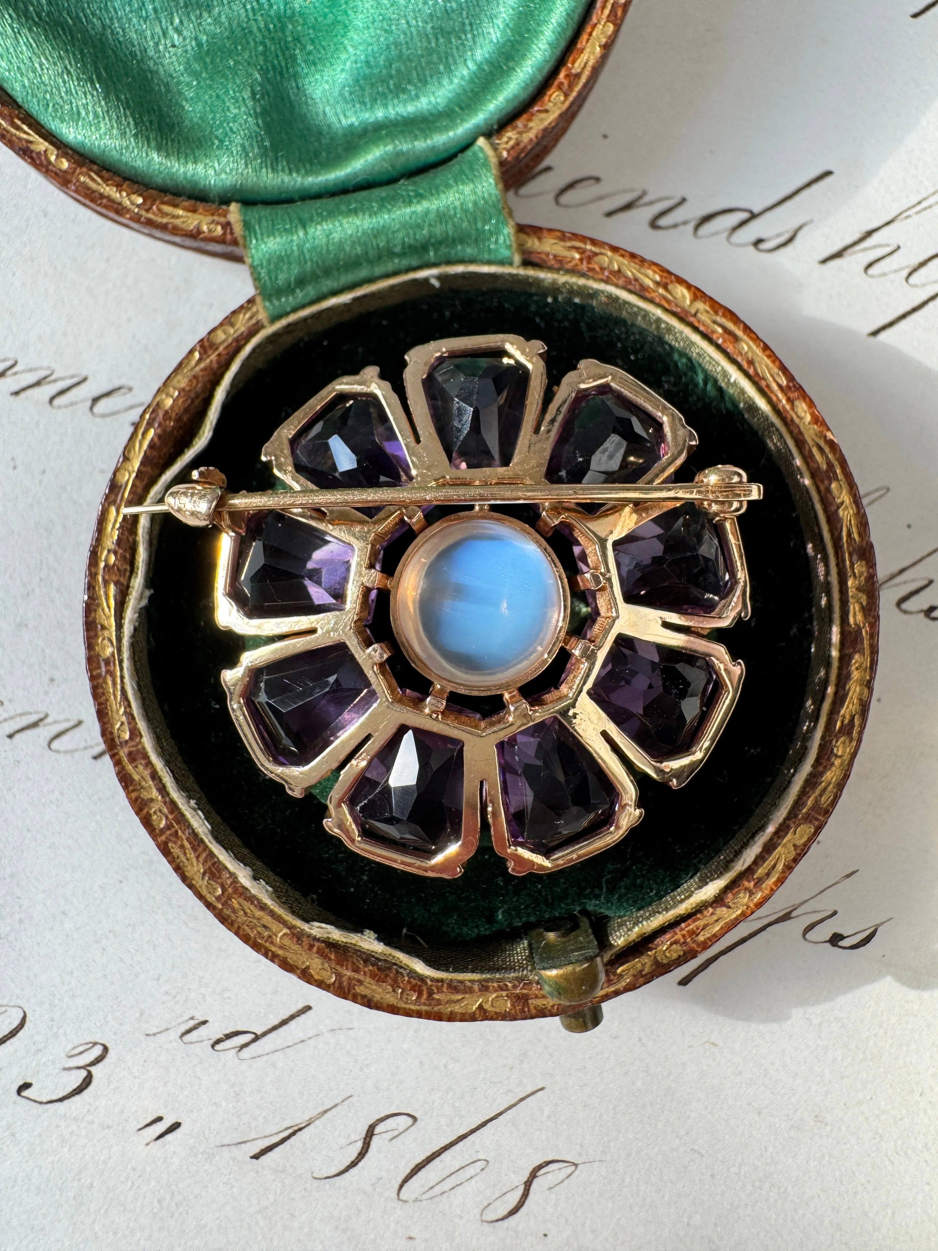 Mid-Century Retro Binder Brothers Blue Flash Moonstone and Amethyst Floral Brooch