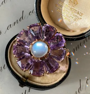 Mid-Century Retro Binder Brothers Blue Flash Moonstone and Amethyst Floral Brooch
