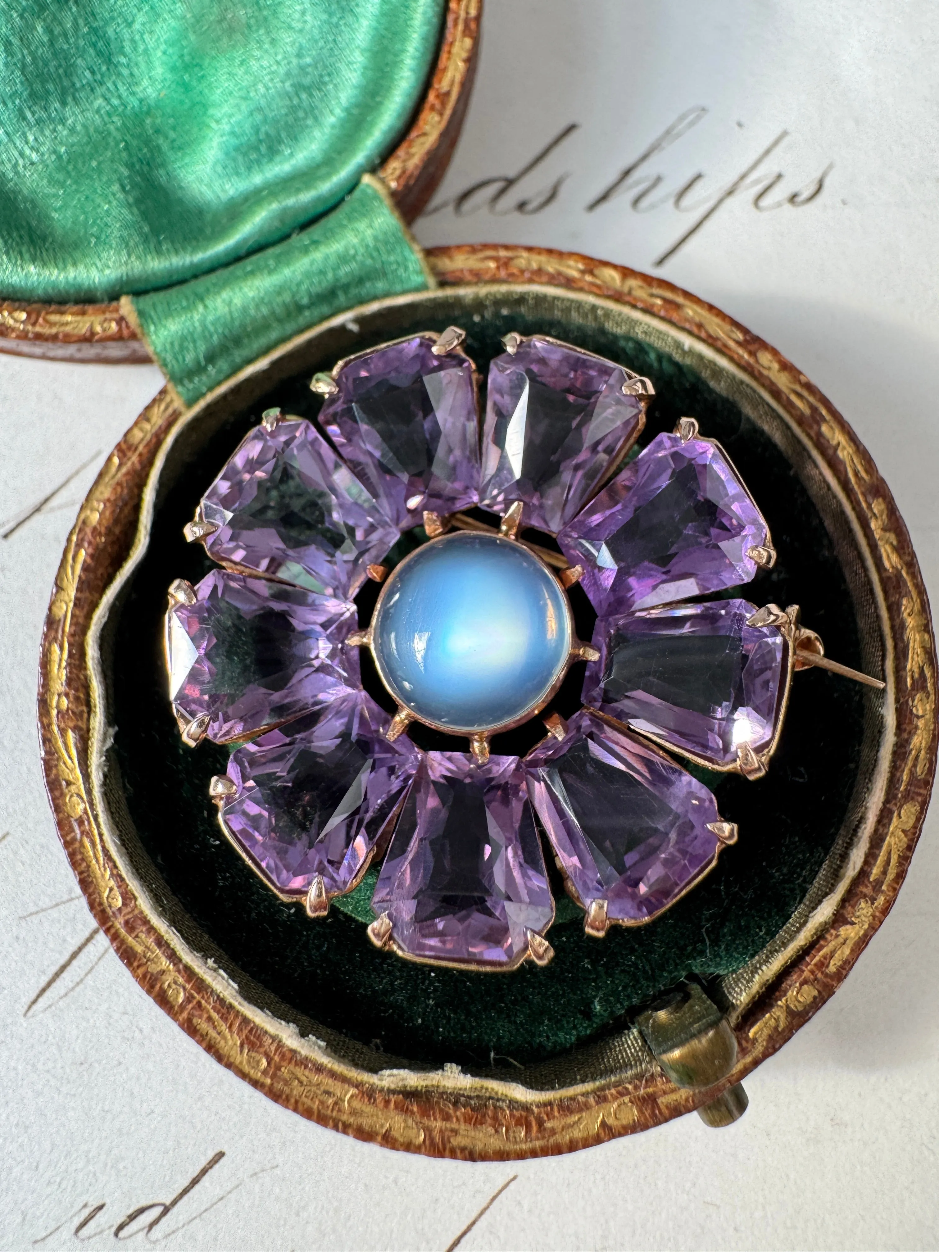 Mid-Century Retro Binder Brothers Blue Flash Moonstone and Amethyst Floral Brooch