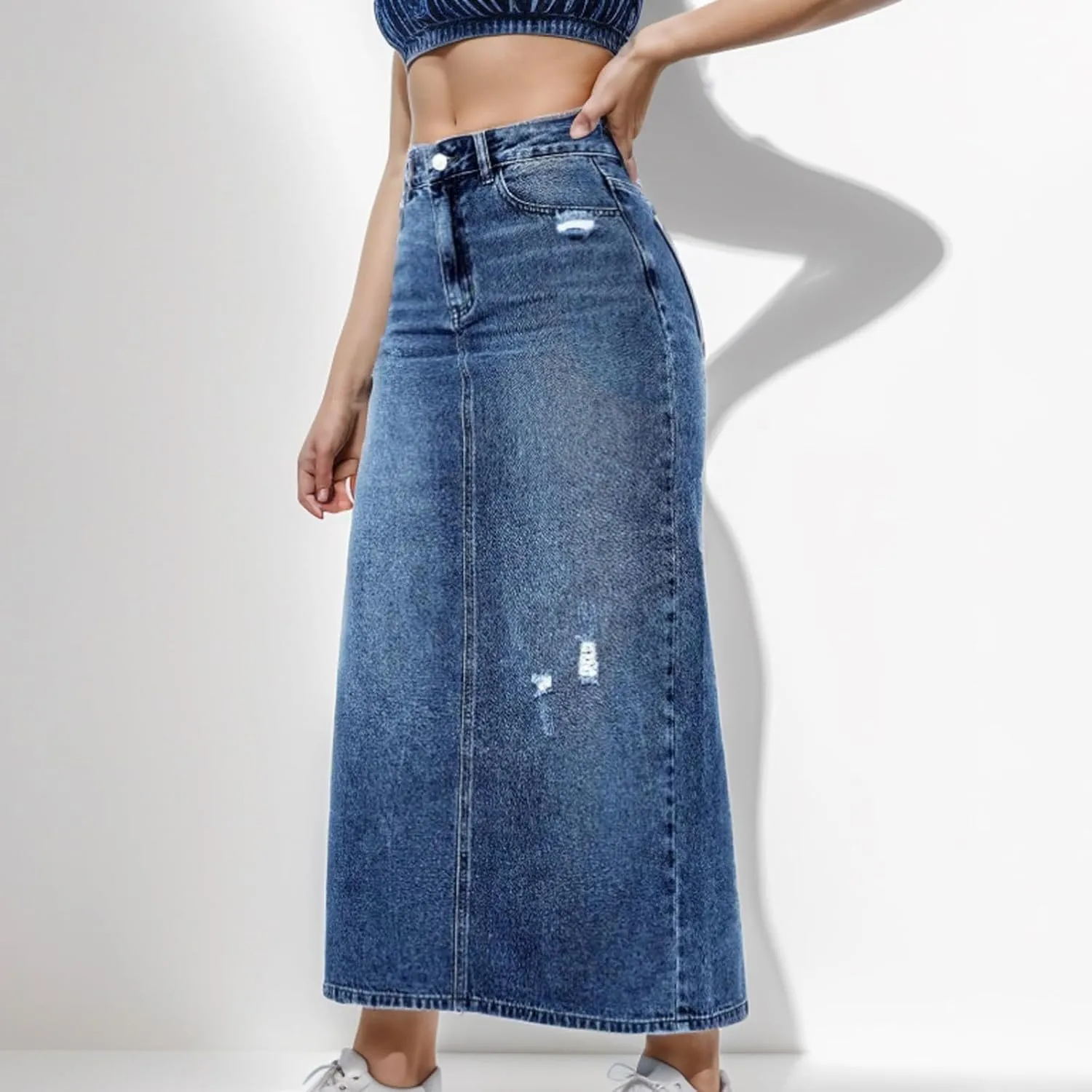 Mid High Waisted Denim Skirt With Holes Denim Mid Length Skirt Boho Skirt