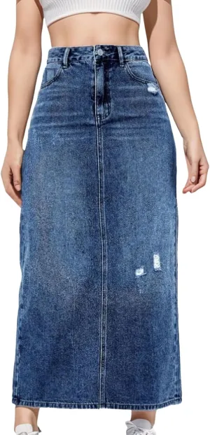 Mid High Waisted Denim Skirt With Holes Denim Mid Length Skirt Boho Skirt