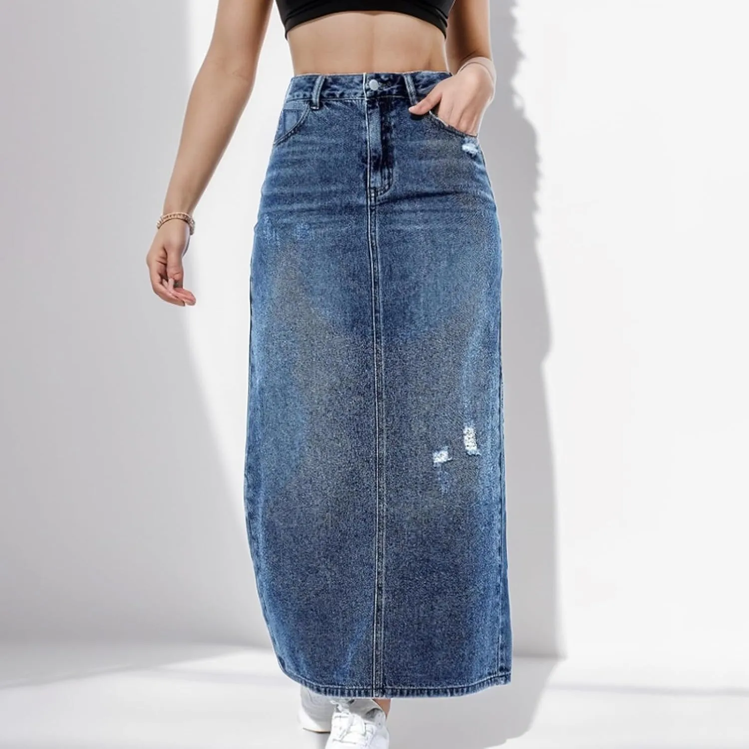 Mid High Waisted Denim Skirt With Holes Denim Mid Length Skirt Boho Skirt